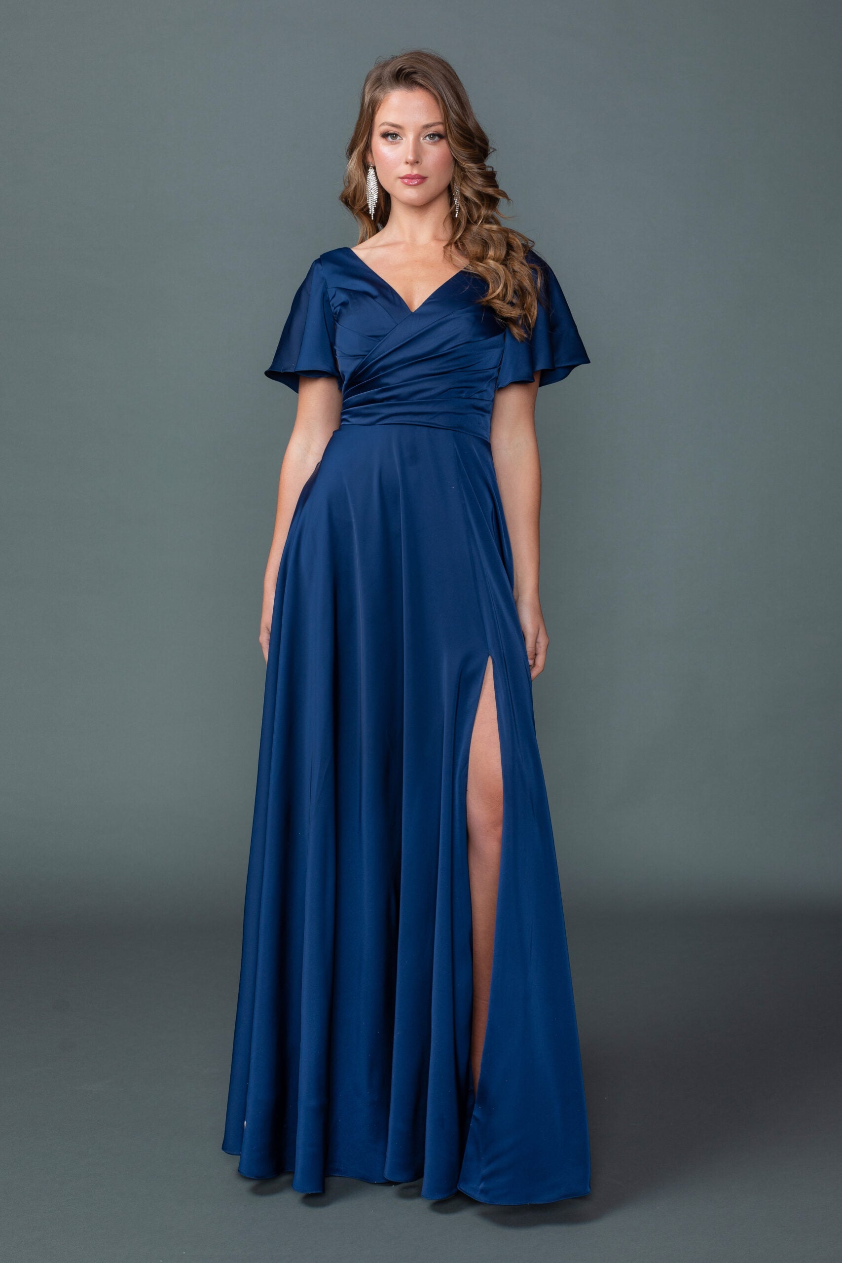 V-Neck Short Sleeve A-Line Gown With Ruched Bodice and Slit (4602)
