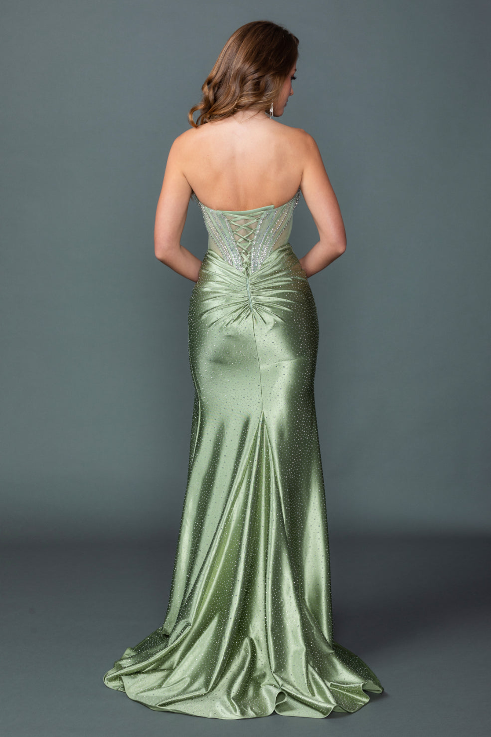 Sweetheart Neckline Illusion Corset Prom Dress with Beaded Bodice and Draped Satin Skirt with High Slit (4604)