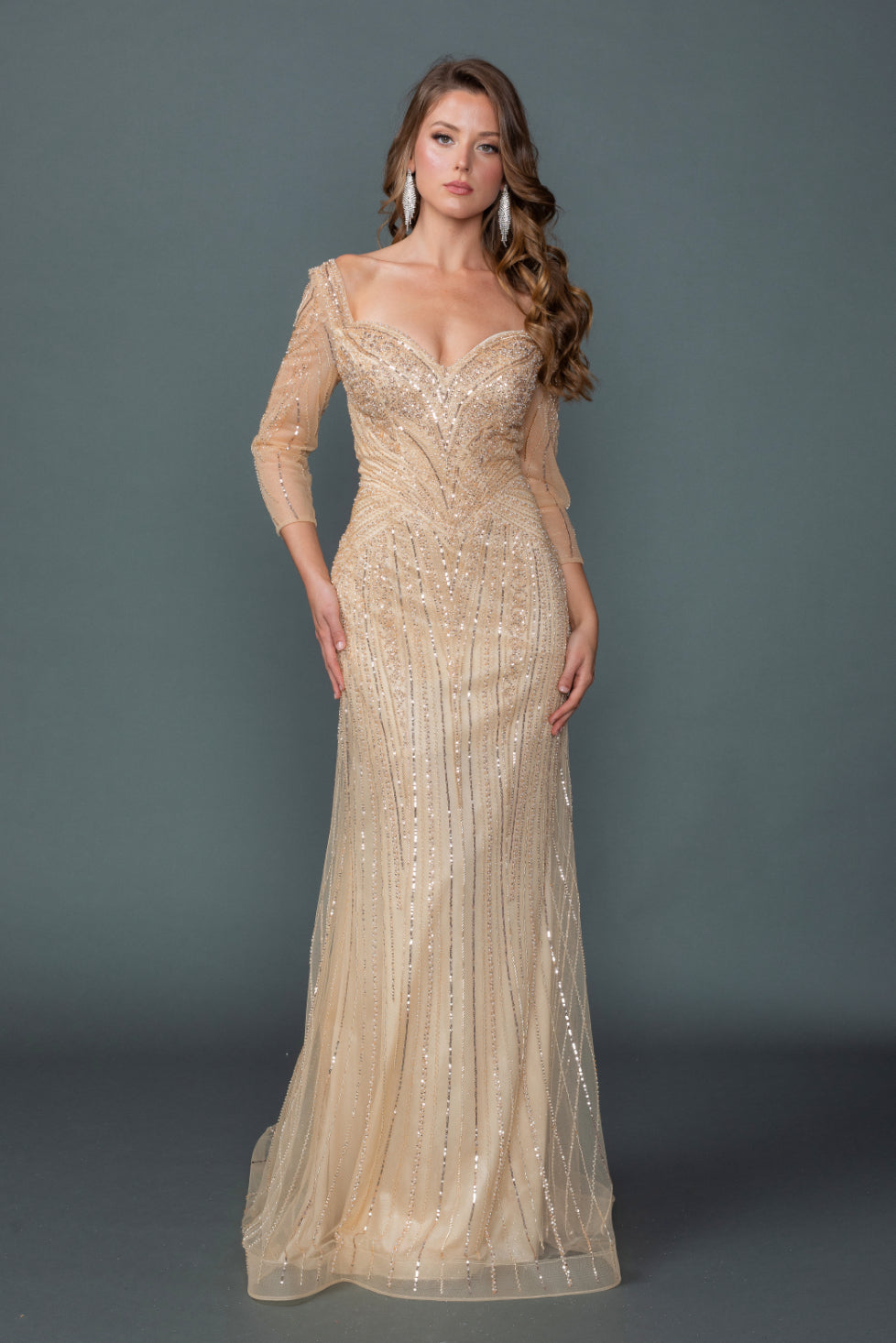Off Shoulder Illusion Sleeve Embellished Fitted Prom Dress with Sheer Beaded Overlay and Sweep Train (4611)