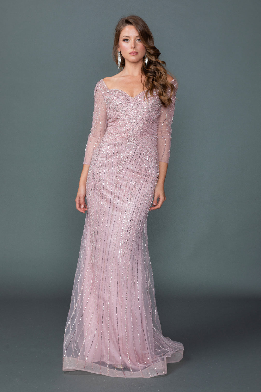 Off Shoulder Illusion Sleeve Embellished Fitted Prom Dress with Sheer Beaded Overlay and Sweep Train (4611)