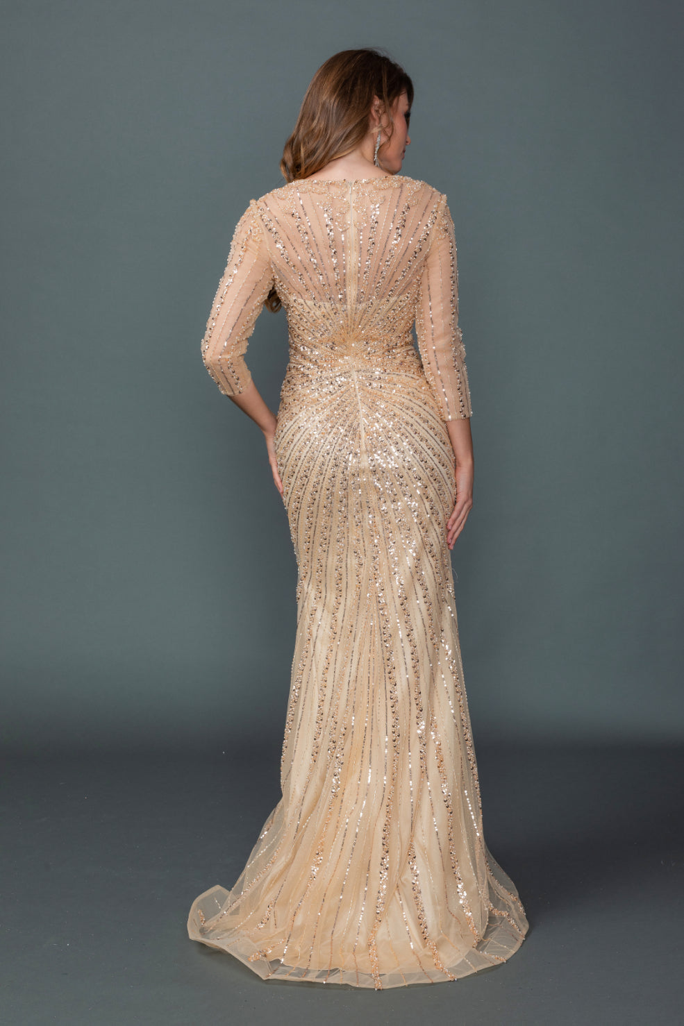 V-Neck Sheer Illusion Sleeve Beaded Embellished Fitted Prom Dress with Front Slit and Floor Length Silhouette (4612))