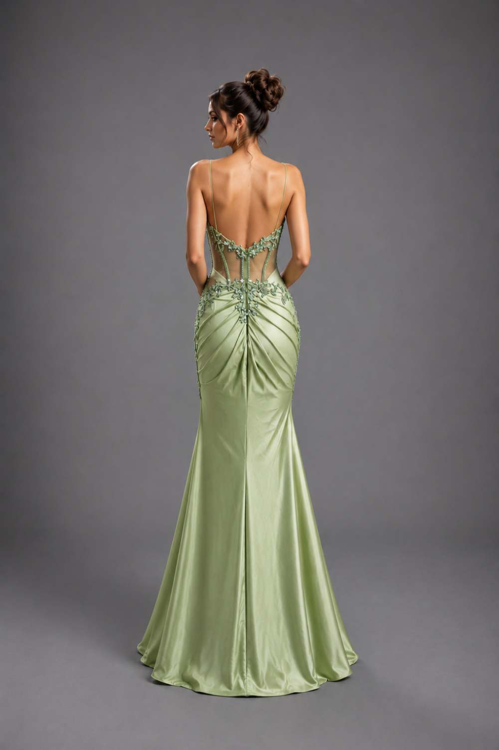 Satin Mermaid Gown with Sheer Appliqué Bodice and Leg Slit (4614)