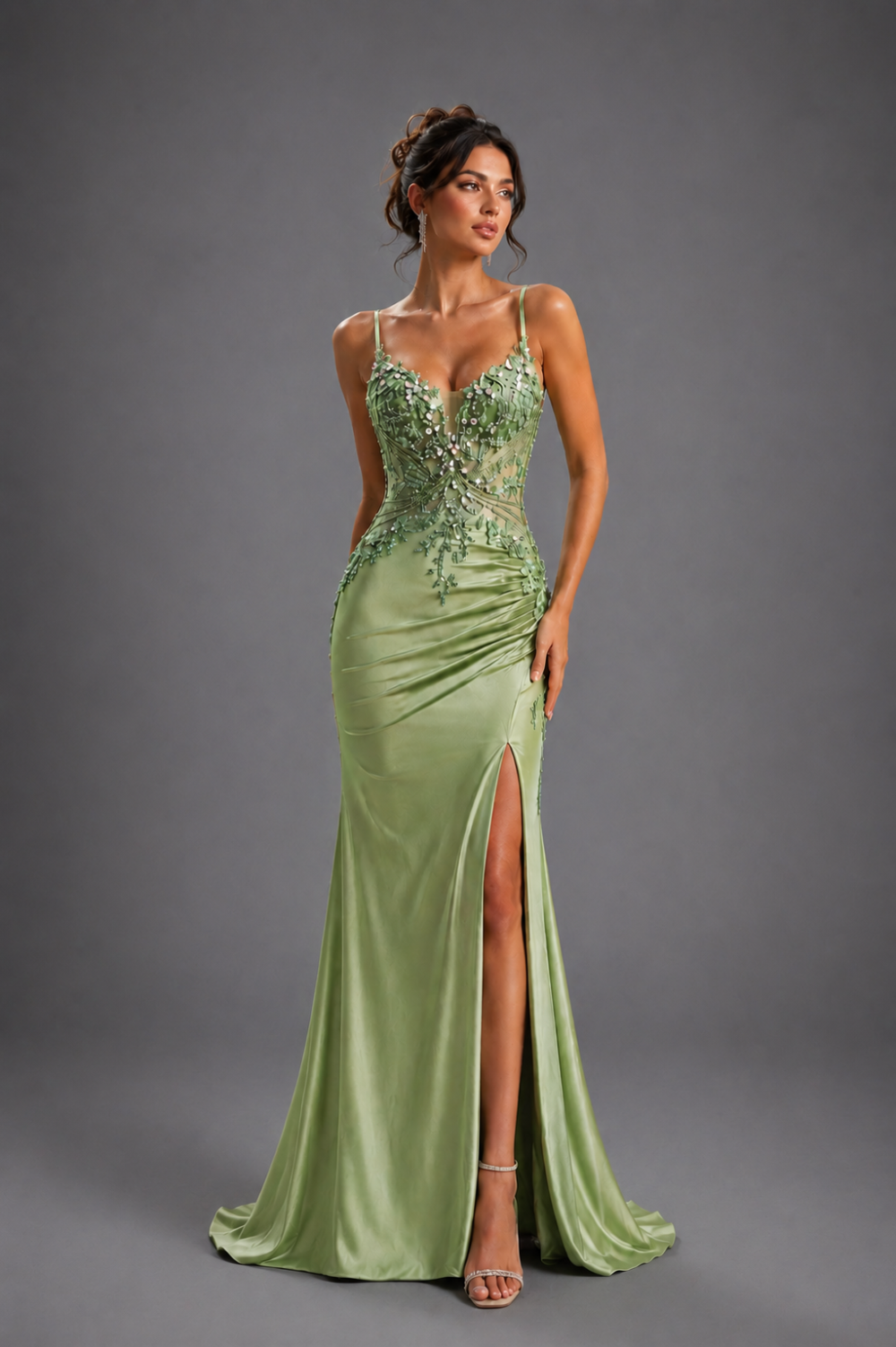 Satin Mermaid Gown with Sheer Appliqué Bodice and Leg Slit (4614)