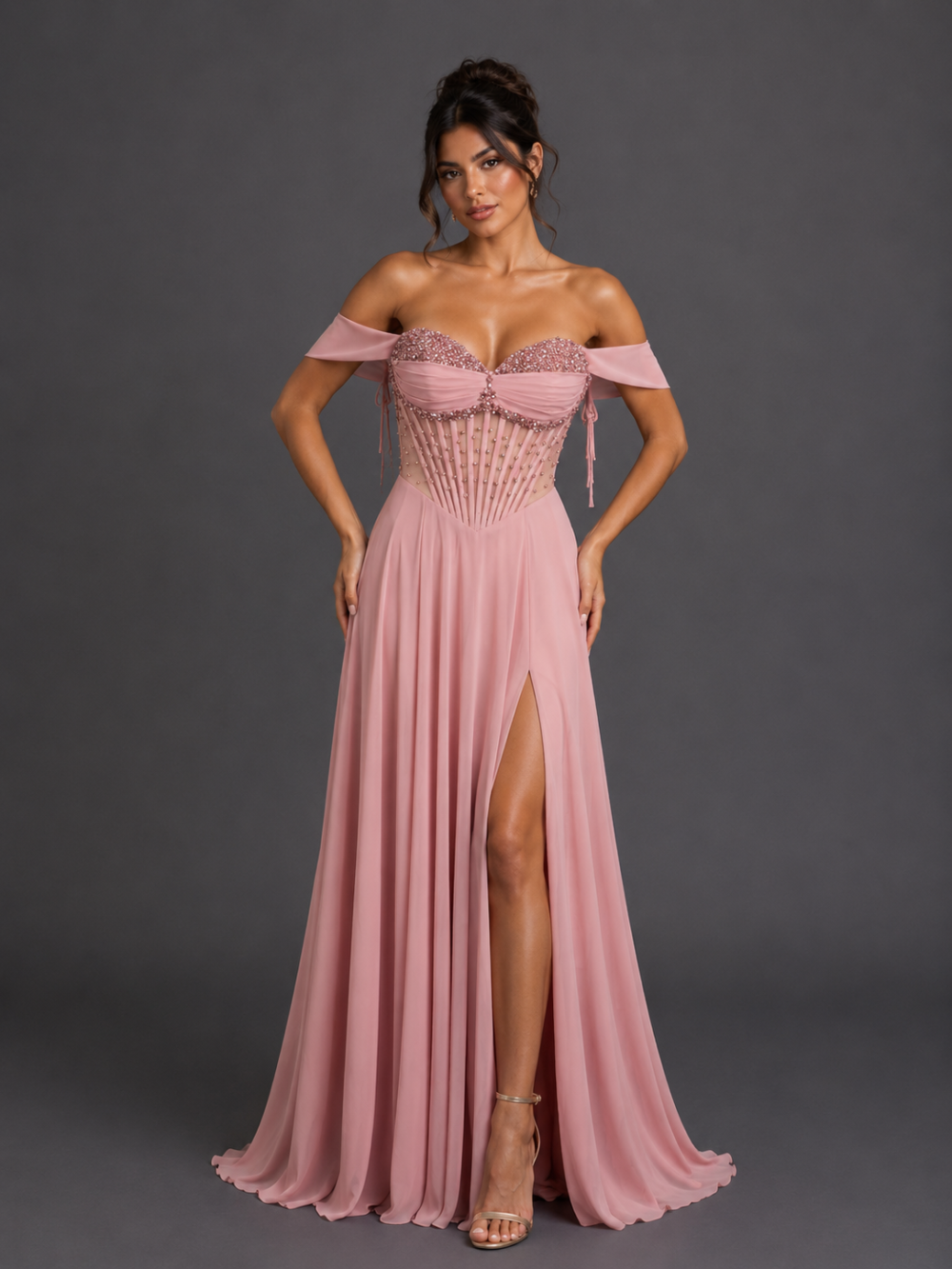 Off-Shoulder Beaded Corset Gown with Leg Slit and Lace-Up Back (4615)