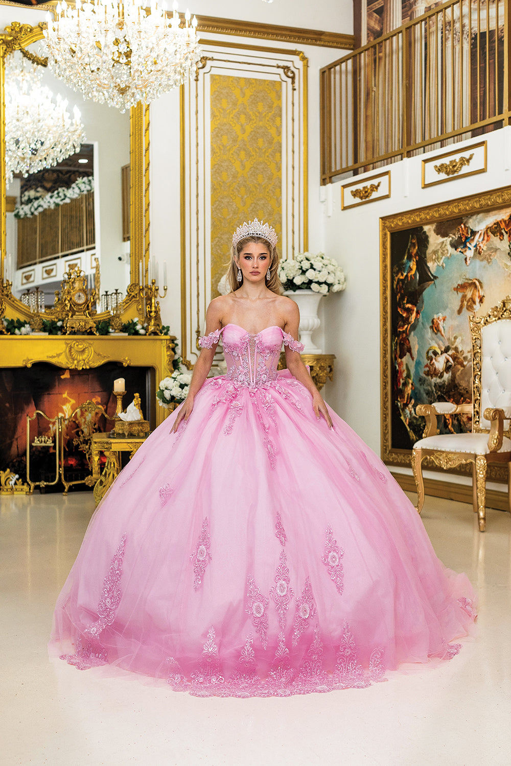 Off Shoulder Floral Corset Ball Gown with Embroidered Skirt (5000)