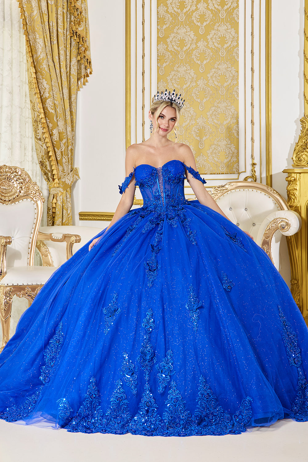 Off Shoulder Floral Corset Ball Gown with Embroidered Skirt (5000)