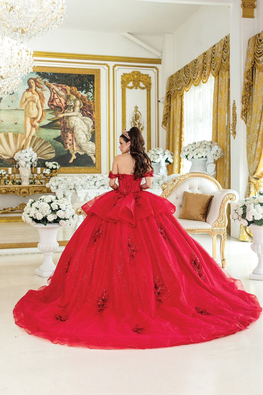 Off Shoulder Floral Embroidered Ball Gown with Ruffled Waist (5015)