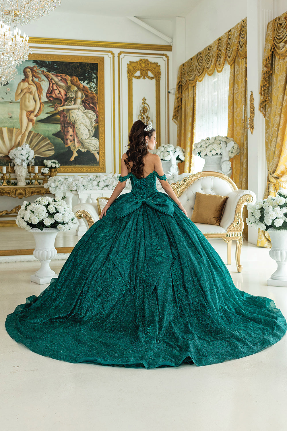 Off Shoulder Corset Ball Gown with Draped Sleeves and Glitter Skirt (5035)