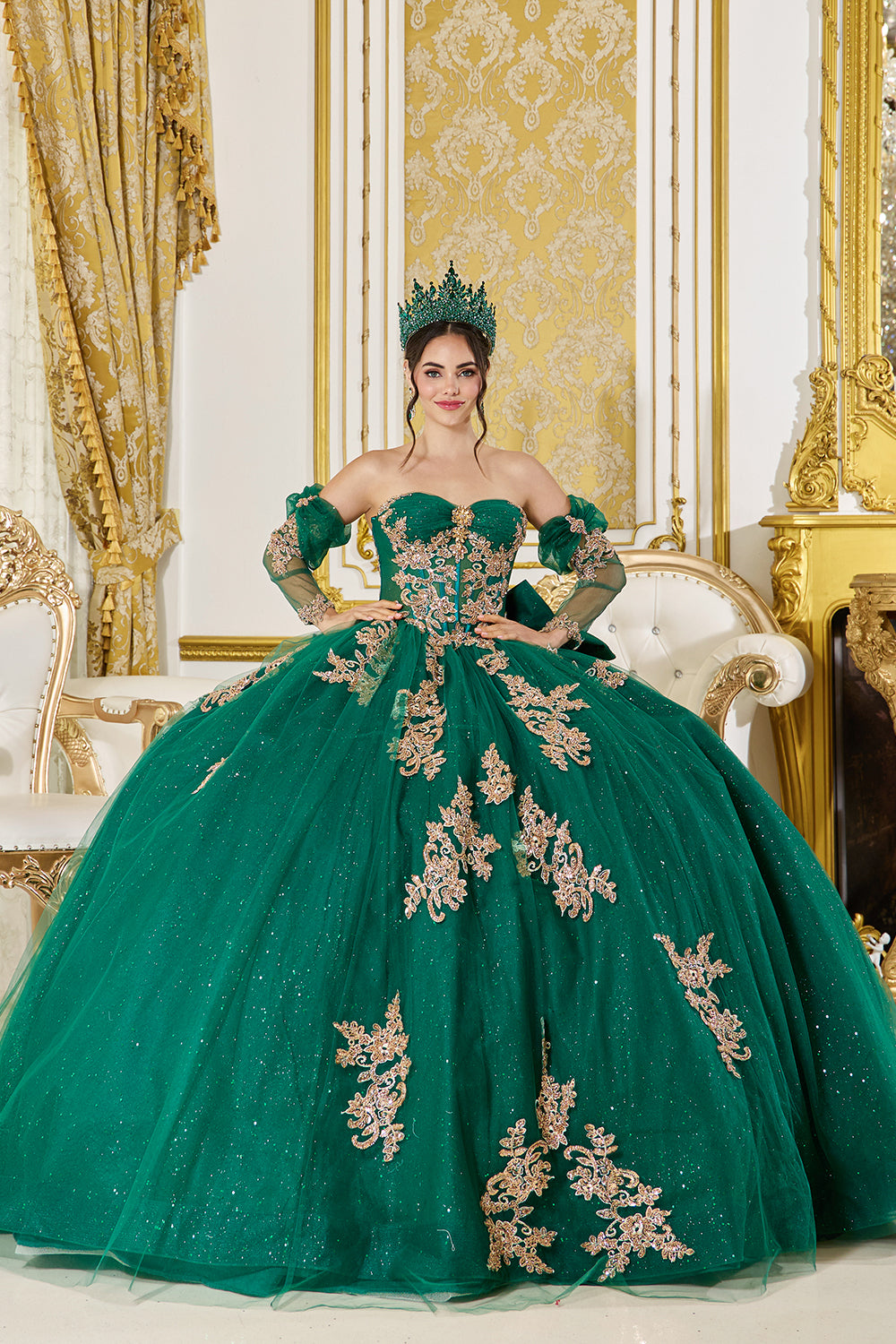 Strapless Corset Ball Gown with Glitter Tulle and Detachable Sleeves (5051)