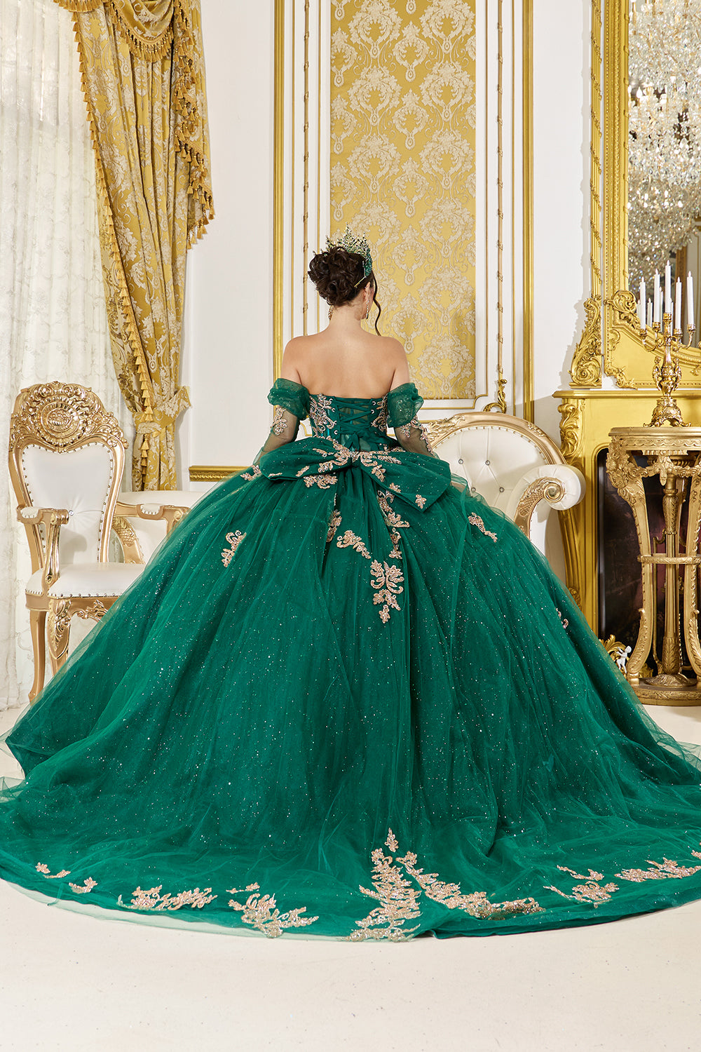 Strapless Corset Ball Gown with Glitter Tulle and Detachable Sleeves (5051)