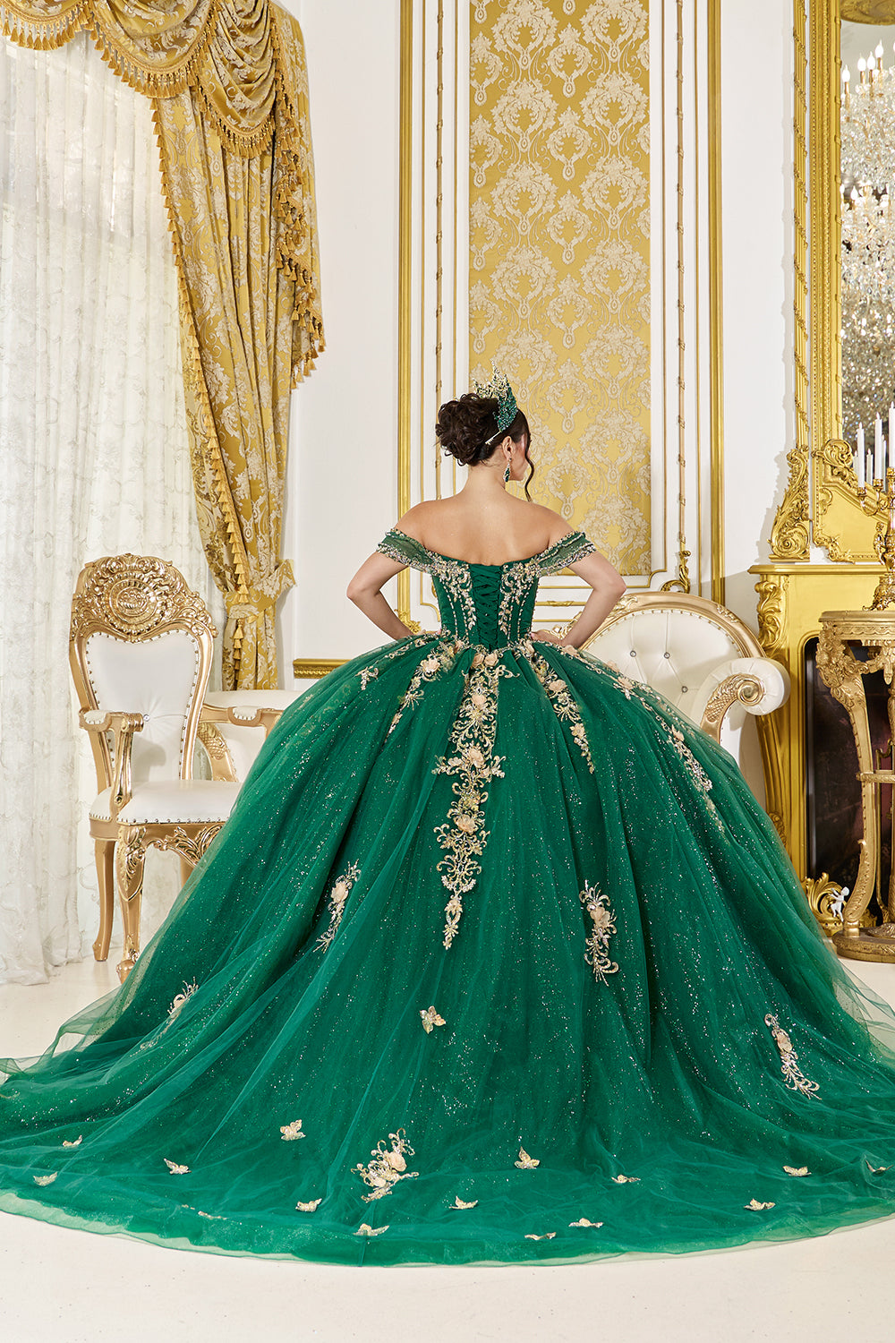 Off Shoulder Embroidered Corset Ball Gown with Glitter Tulle Skirt (5060)