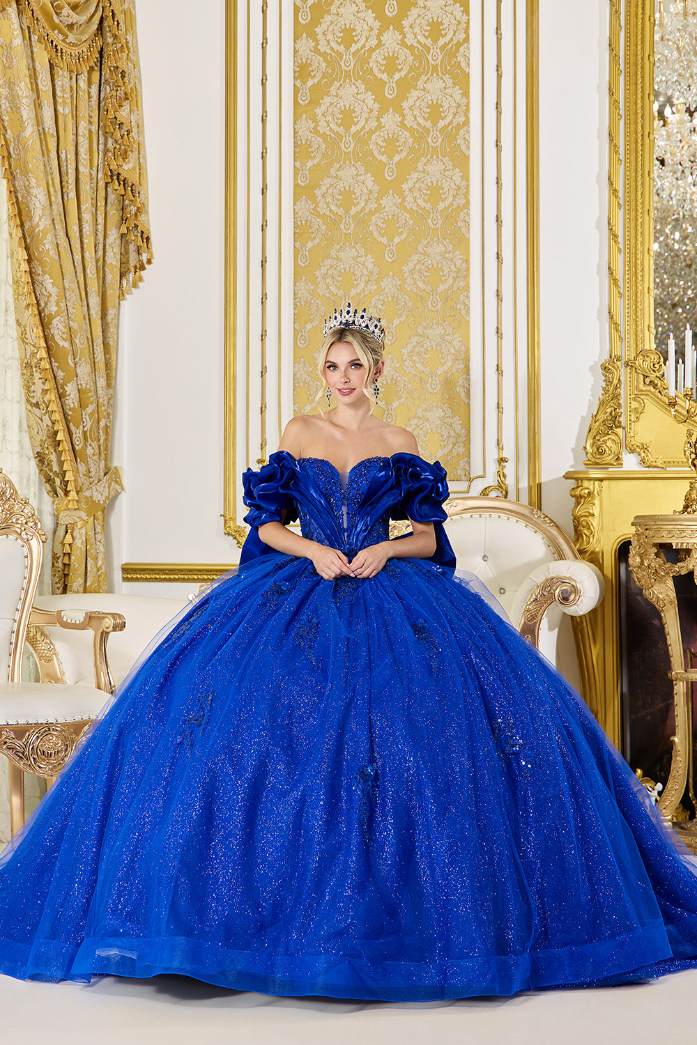 Off Shoulder Sweetheart Corset Ball Gown with Puff Sleeves and Glitter Tulle (5080)