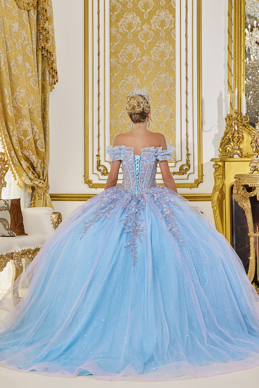 Off Shoulder Embroidered Corset Ball Gown with Layered Glitter Tulle Skirt (5084)
