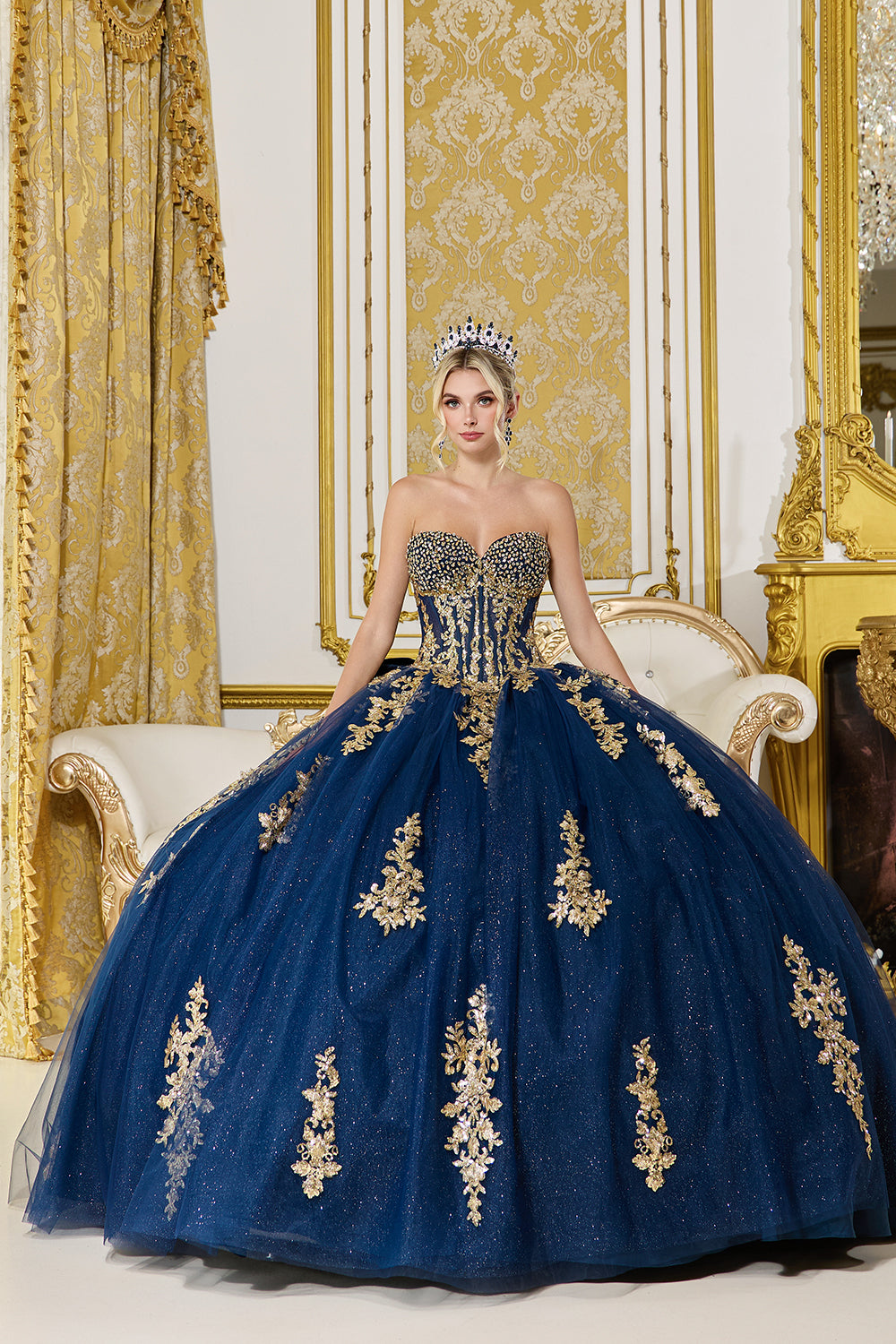 Regal Strapless Quinceañera Ball Gown with Embroidered Appliqué and Statement Bow (5085)