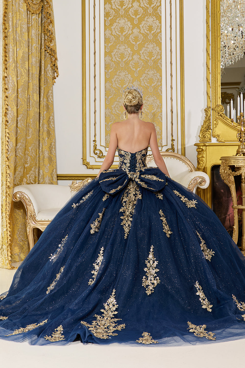 Regal Strapless Quinceañera Ball Gown with Embroidered Appliqué and Statement Bow (5085)