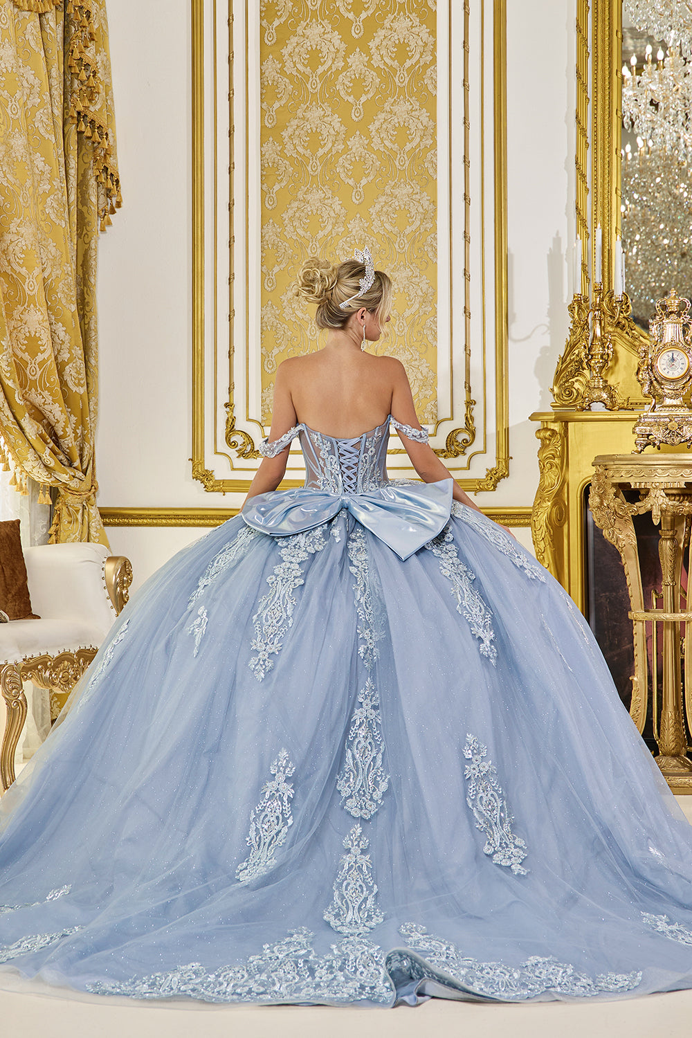 Off Shoulder Beaded Corset Ball Gown with Layered Tulle Skirt (5087)