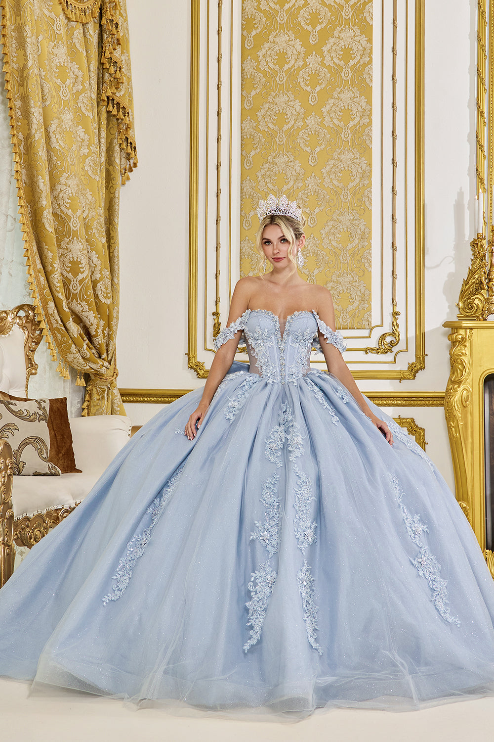 Sweetheart Corset Ball Gown with Off Shoulder Sleeves and Lace Tulle Skirt (5088)