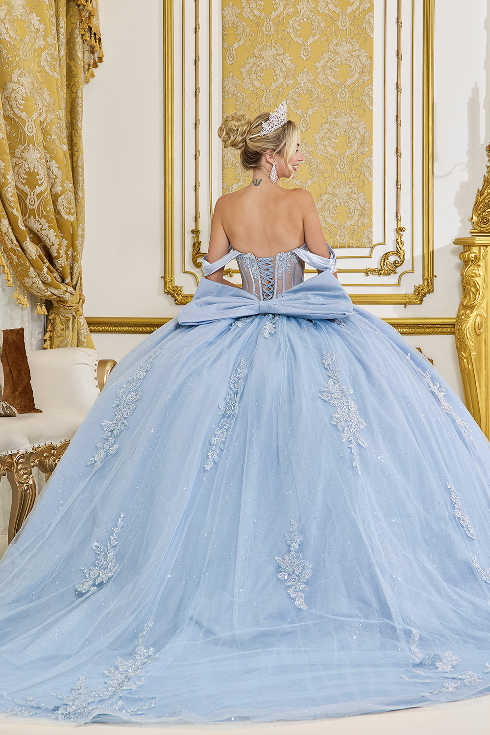 Off Shoulder Beaded Corset Ball Gown with Glitter Tulle Skirt (5094)