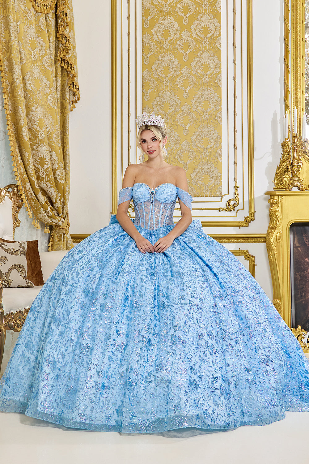Off Shoulder 3D Floral Corset Ball Gown with Full Skirt (5095)