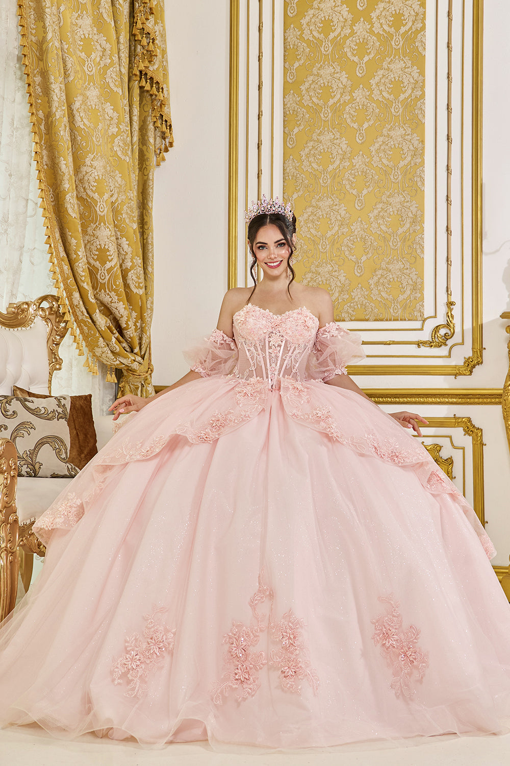 Off Shoulder Floral Corset Ball Gown with Layered Glitter Tulle Skirt (5099)