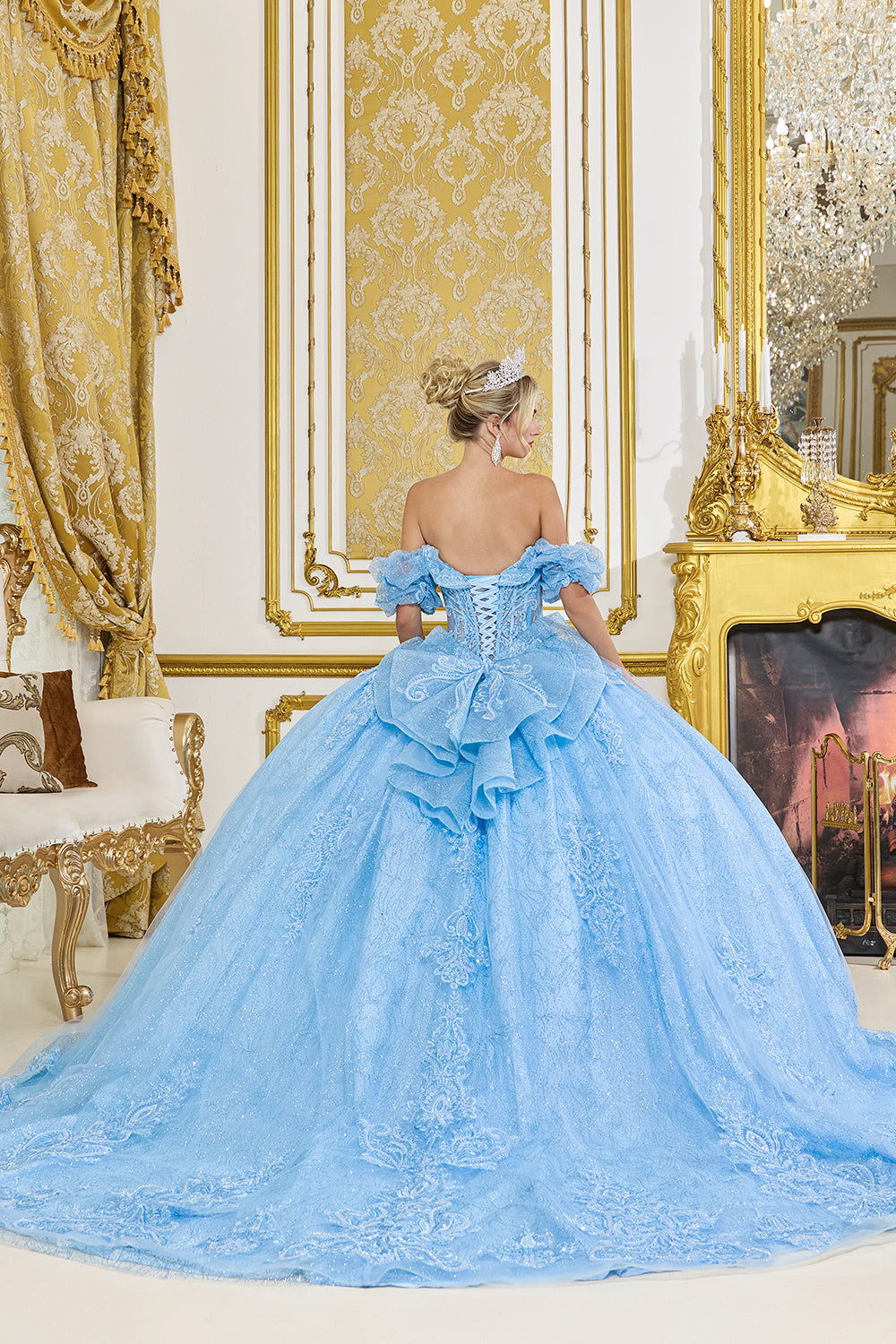 Off Shoulder Corset Ball Gown with Puffy Sleeves and Embroidered Skirt (5100)