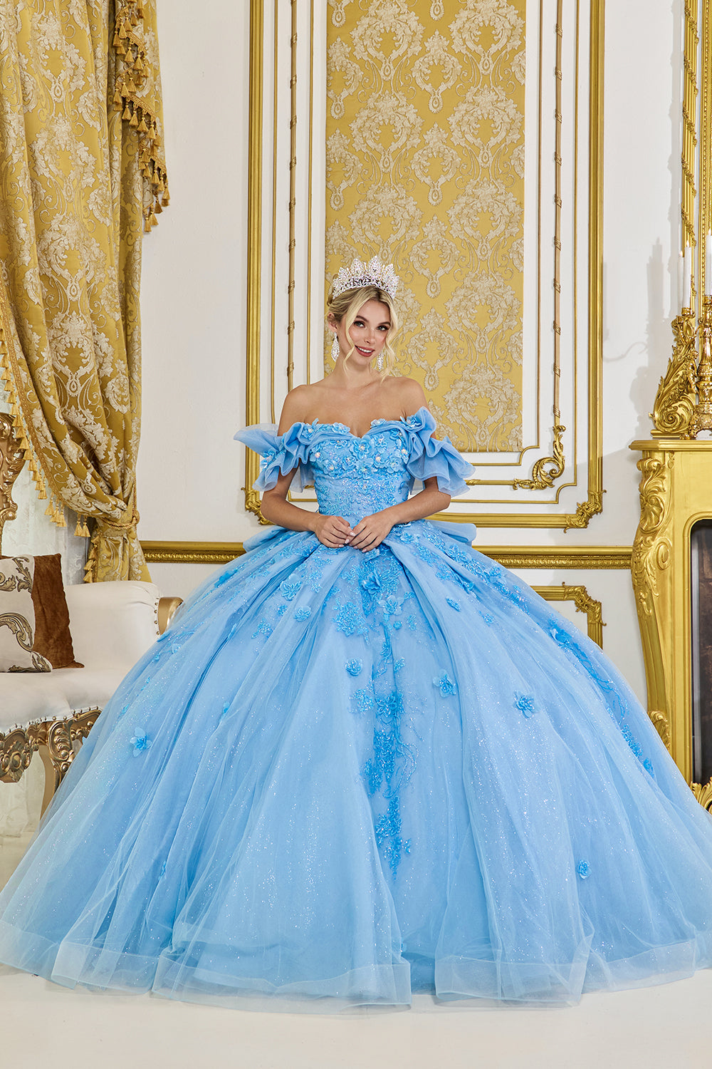 Off Shoulder 3D Floral Corset Ball Gown with Layered Tulle Skirt (5103)