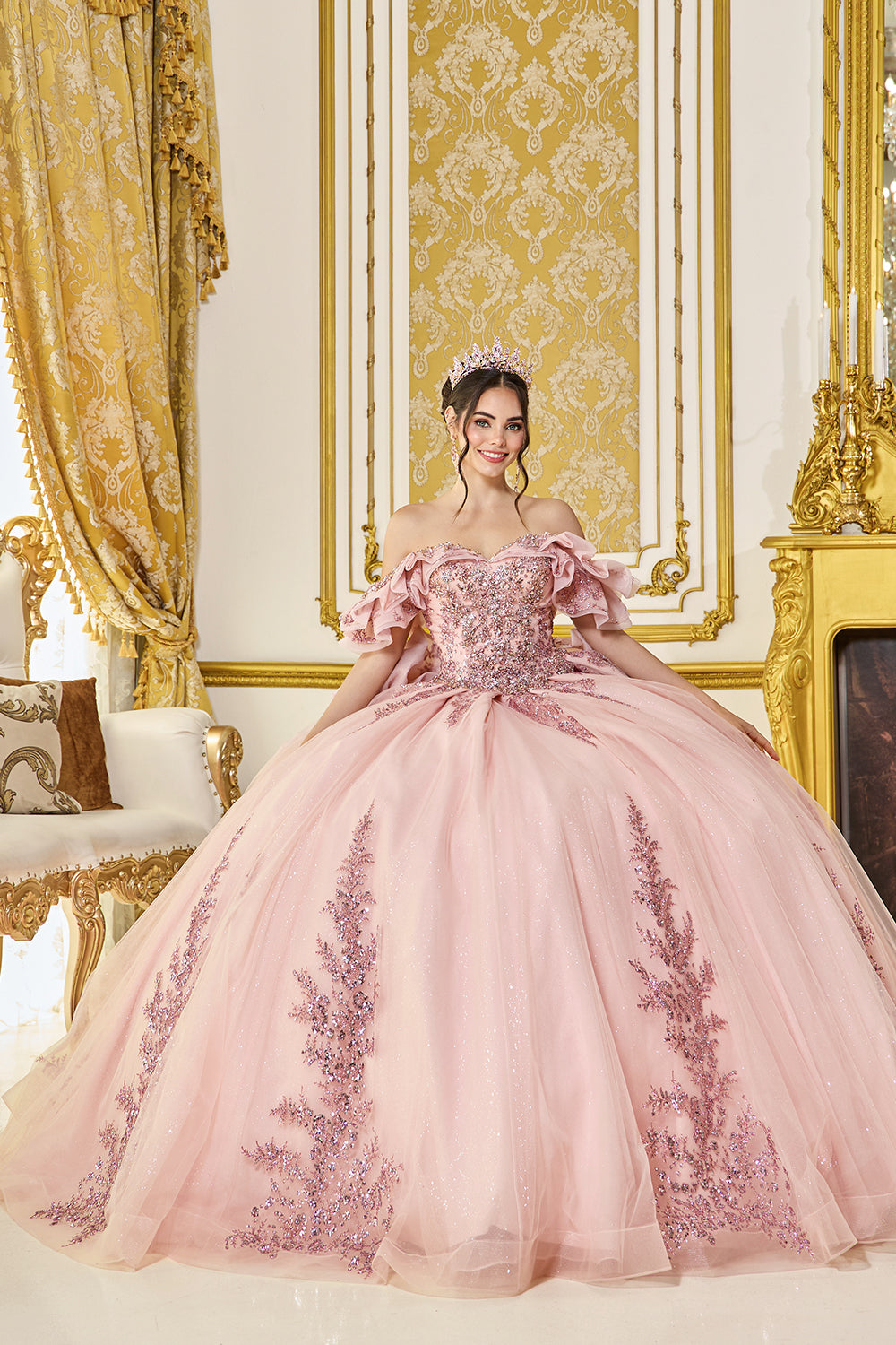 Off Shoulder Ruffle Corset Ball Gown with Beaded Floral Bodice (5106)