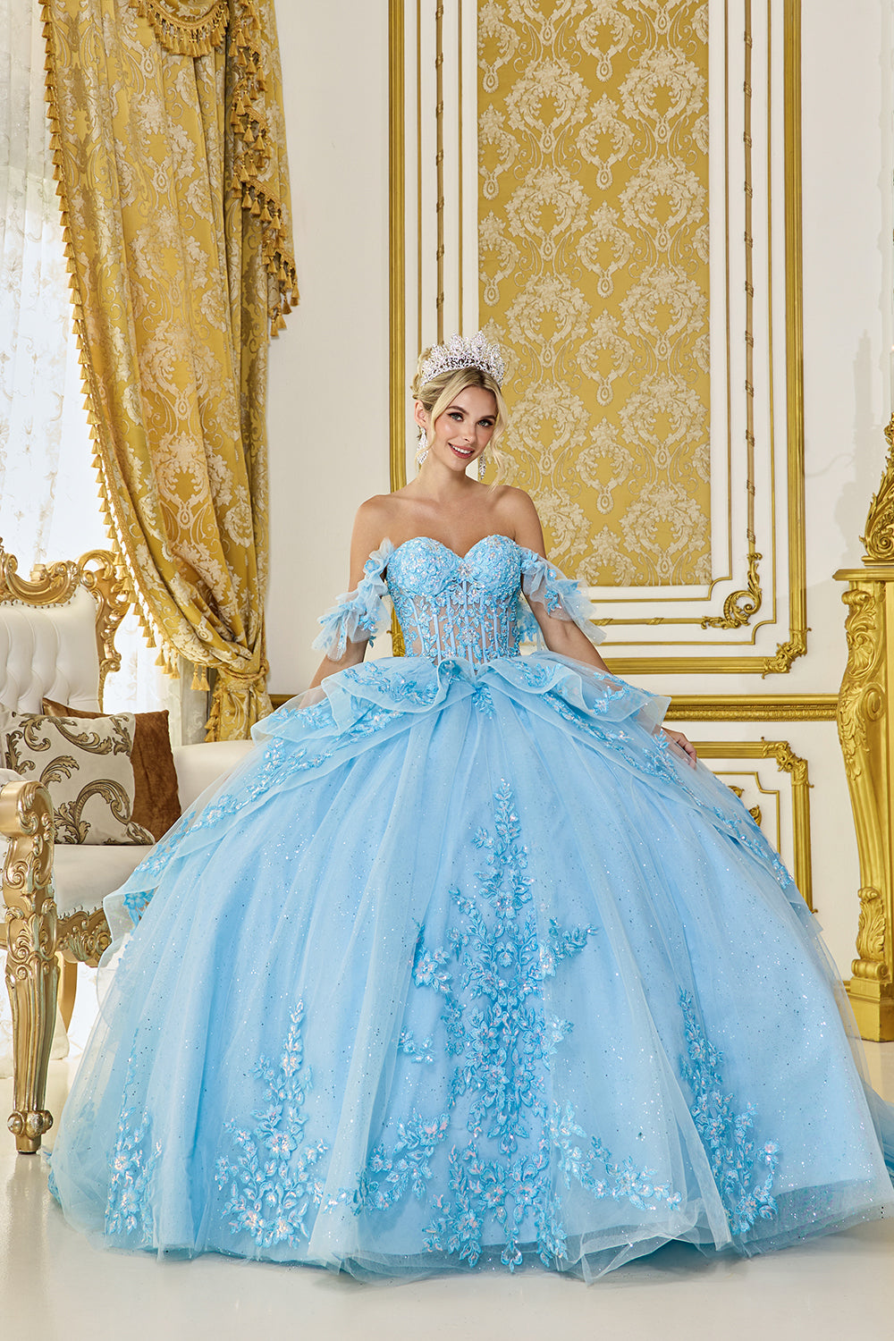 Off-Shoulder-Ruffle-Sweetheart-Ball-Gown-with-Floral-Applique-Skirt (5120)