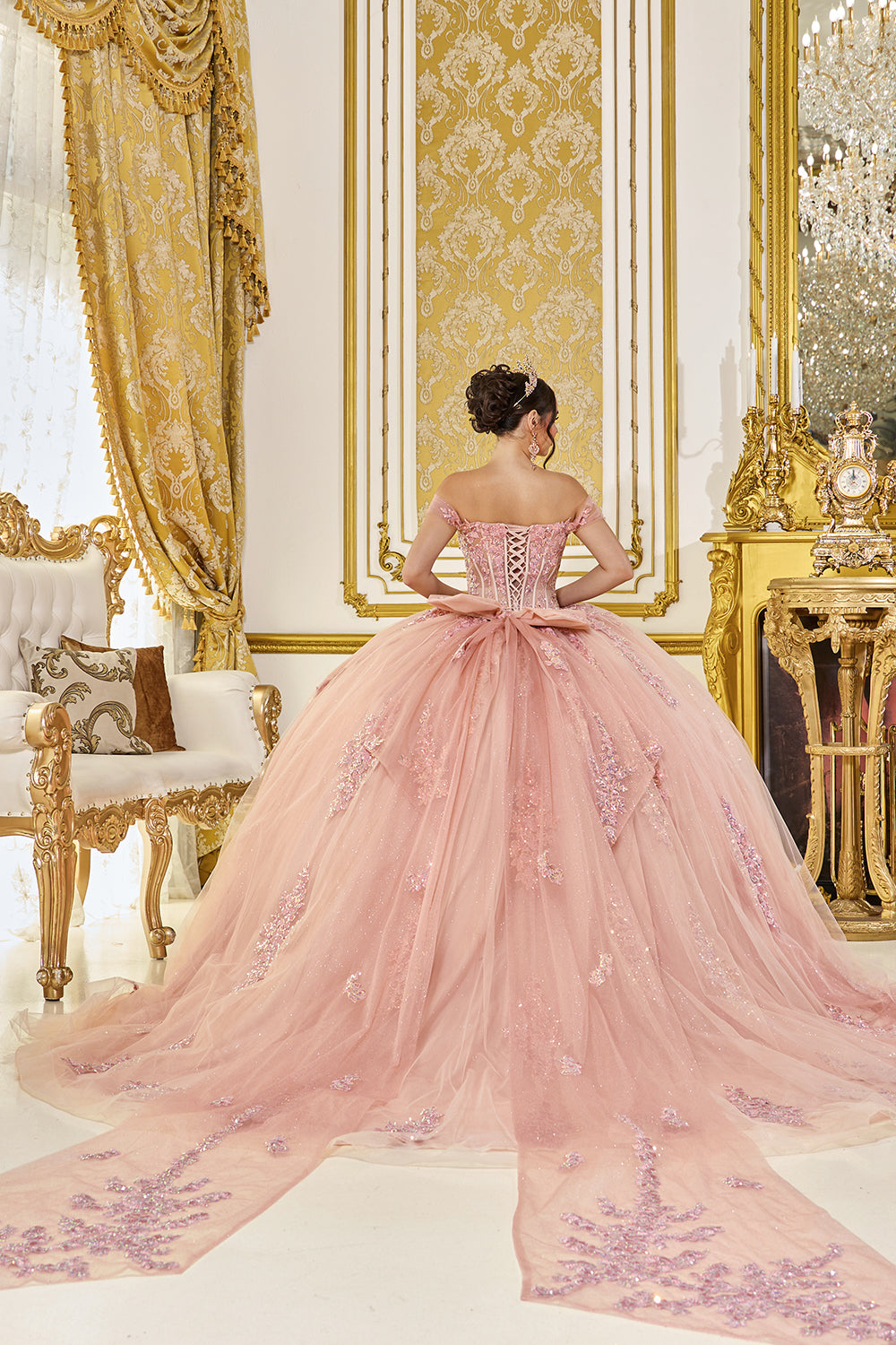 Off Shoulder Corset Ball Gown with Glitter Tulle and Applique Skirt (5121)
