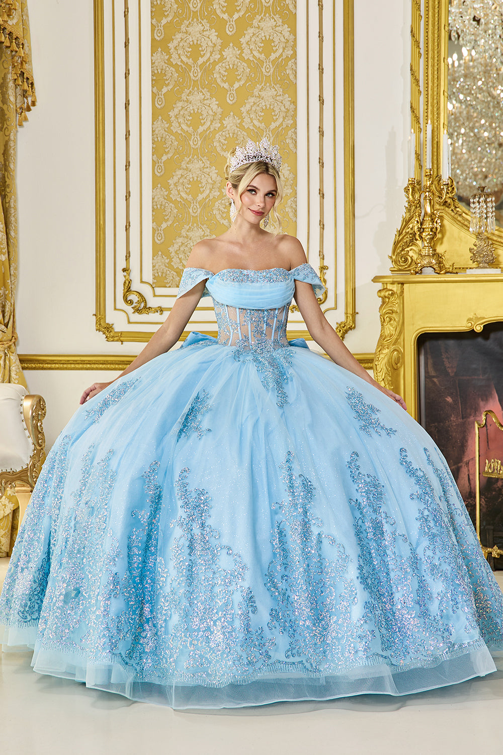 Off Shoulder Corset Ball Gown with Sequin Applique and Glitter Tulle Skirt (5123)