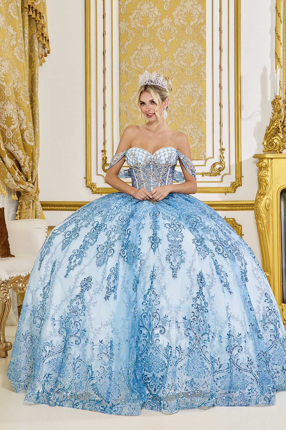Floral Applique Sheer Corset Ball Gown with Ruffled Peplum and Detachable Sleeves (5124) Floral Applique Sheer Corset Ball Gown with Ruffled Peplum and Detachable Sleeves (5124)