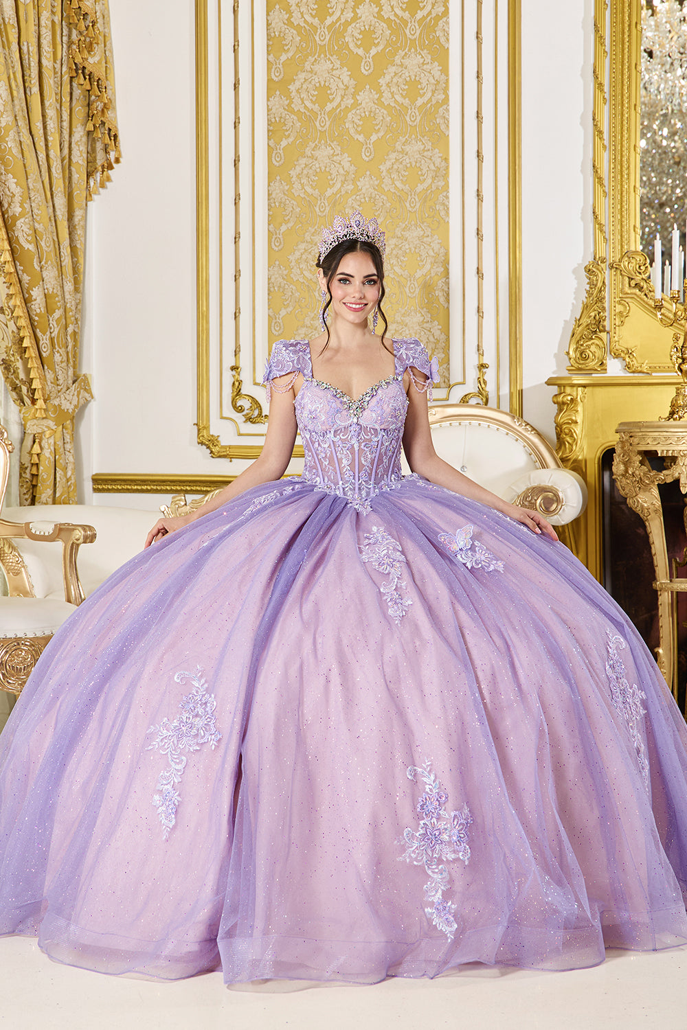 Off Shoulder Fringe Corset Ball Gown with Glitter Tulle Skirt (5126)