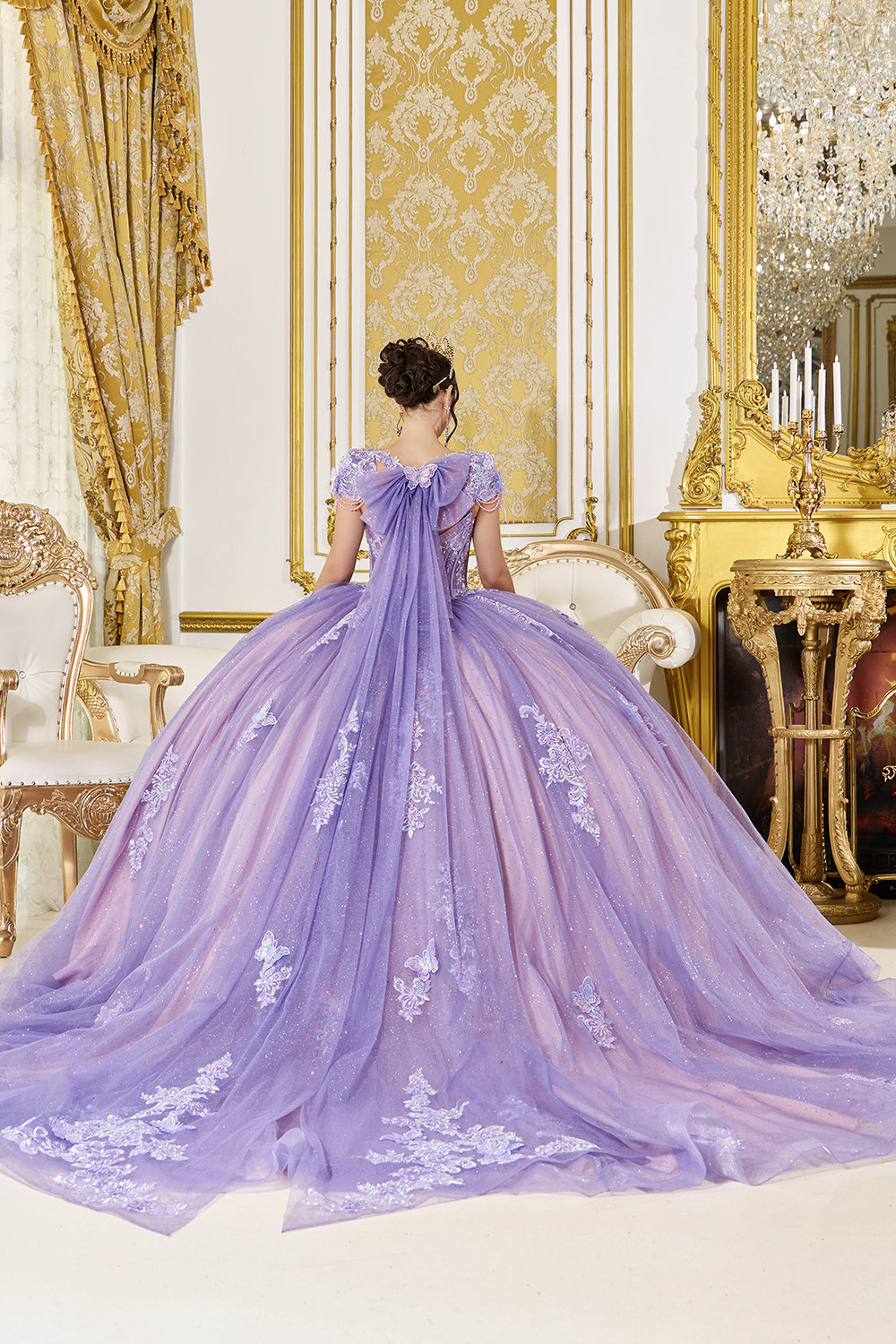 Off Shoulder Fringe Corset Ball Gown with Glitter Tulle Skirt (5126)
