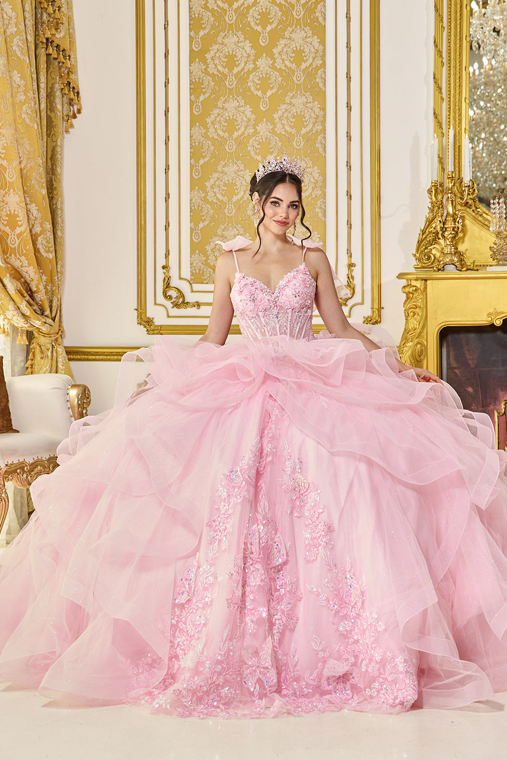 Off Shoulder Ruffle Corset Ball Gown with 3D Floral Applique (5132)