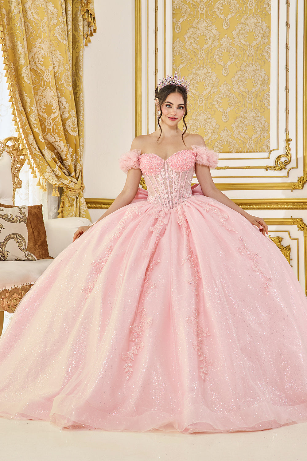 Off Shoulder Sweetheart Corset Ball Gown with Floral Applique and Layered Tulle Skirt (5134)