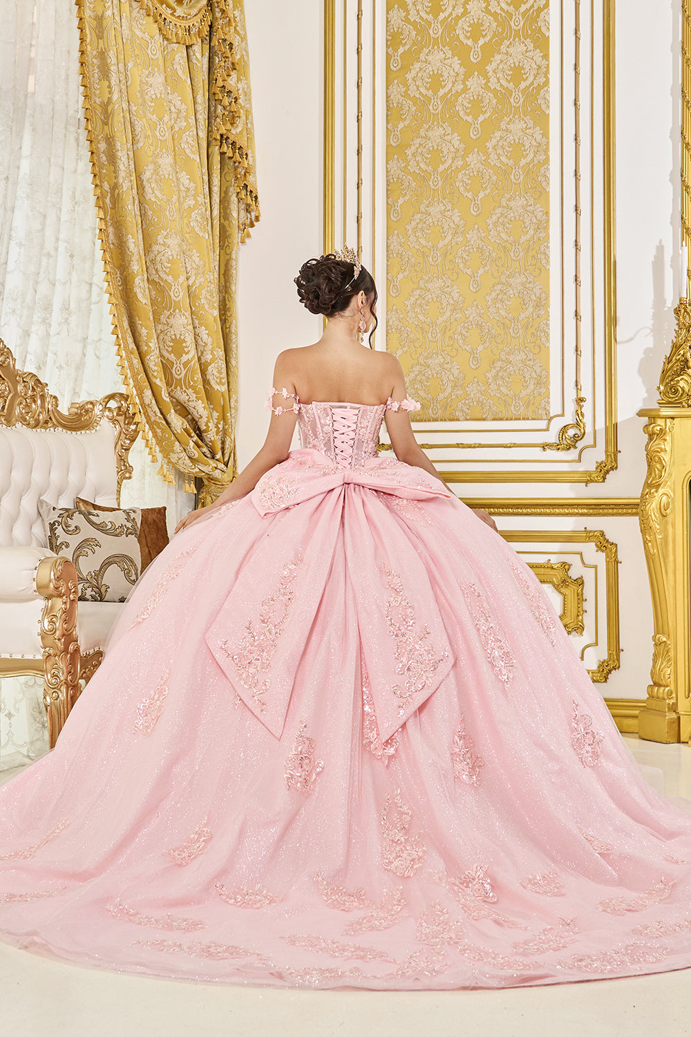 Off Shoulder Sweetheart Corset Ball Gown with Glitter Tulle Skirt (5135)