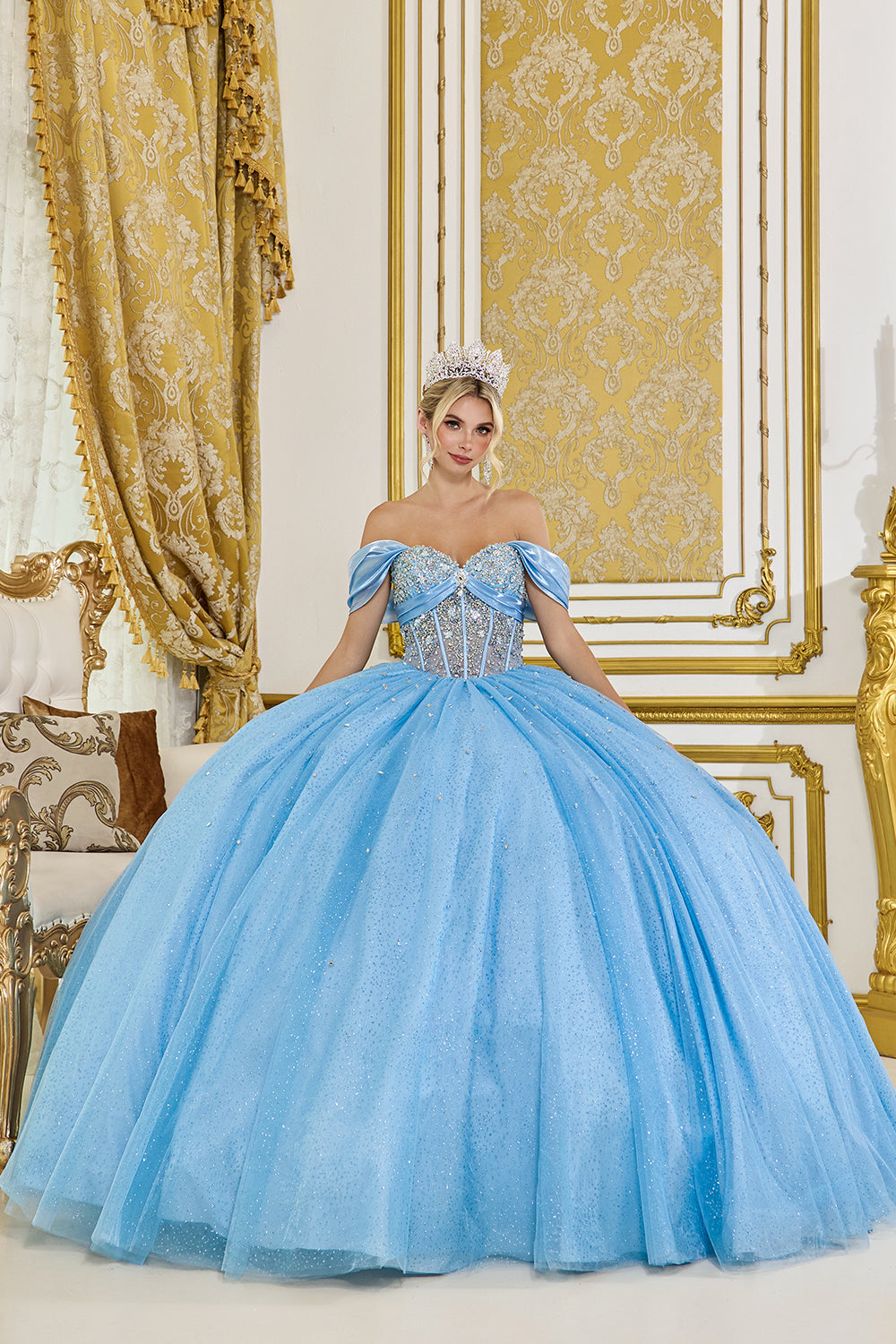 Off Shoulder Sweetheart Corset Ball Gown with Floral Applique Skirt (5139)