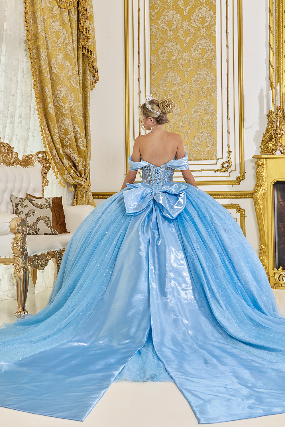 Off Shoulder Sweetheart Corset Ball Gown with Floral Applique Skirt (5139)