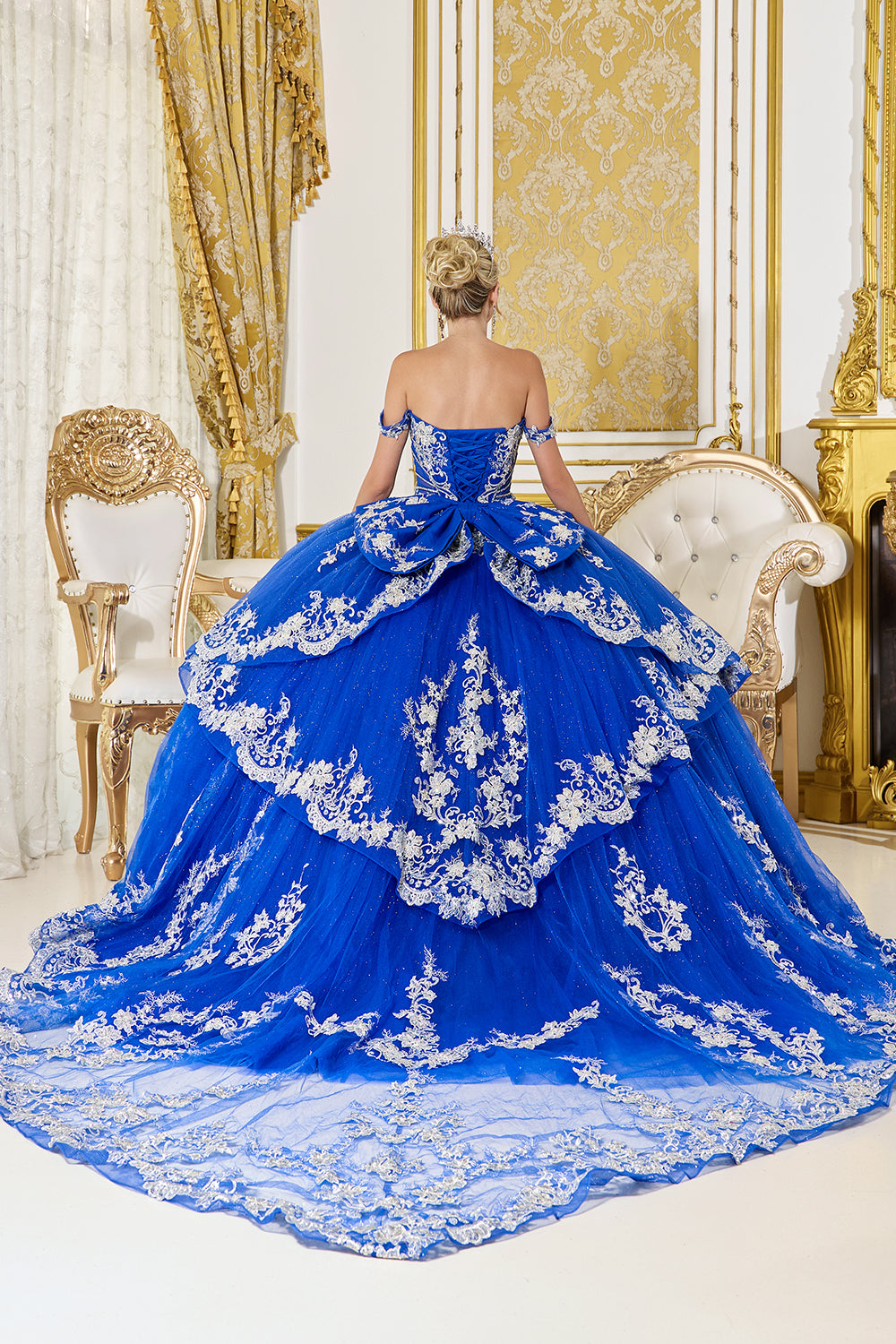 Off Shoulder Corset Ball Gown with Glitter Tulle and Applique Skirt (5142)