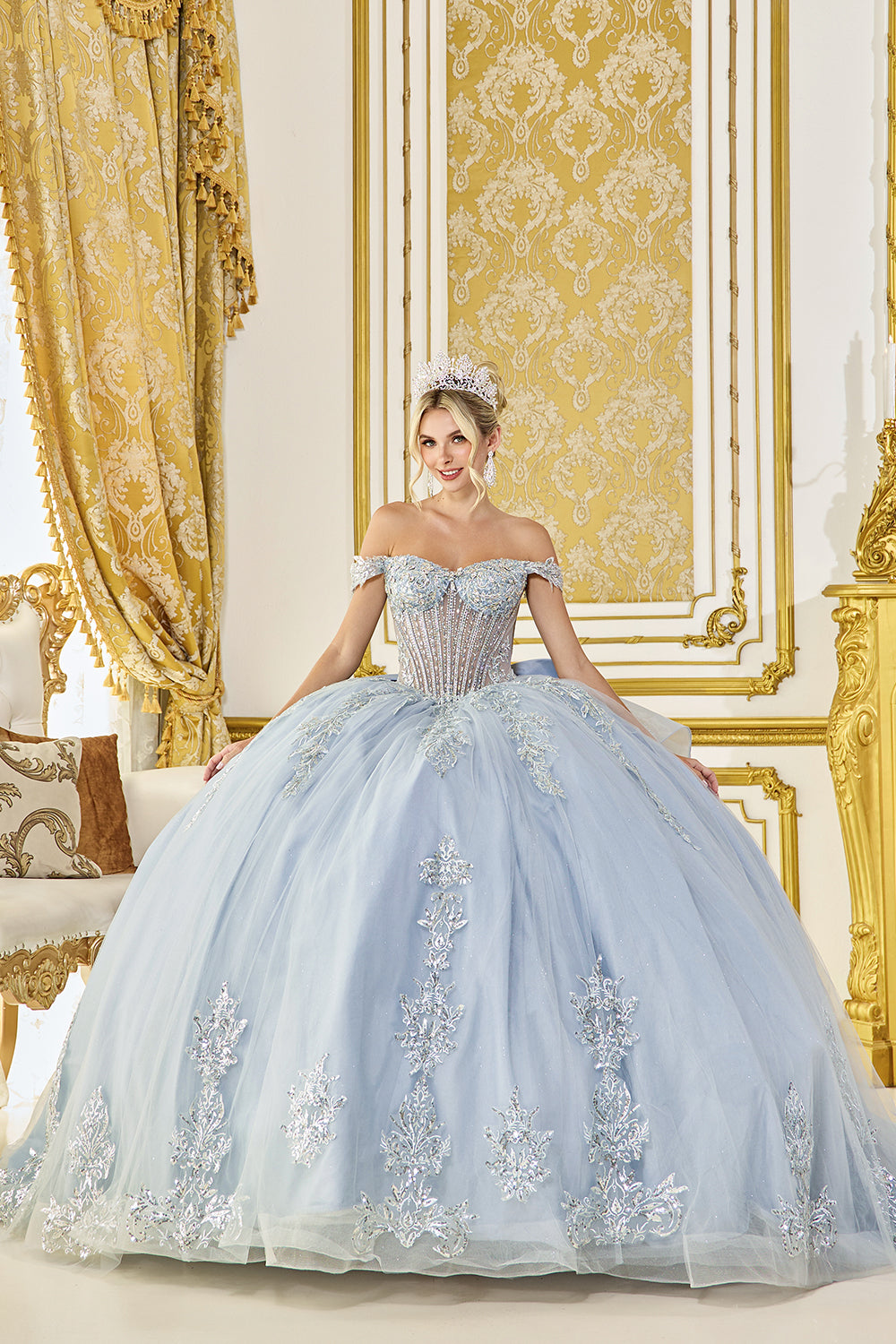 Off Shoulder Sweetheart Beaded Corset Ball Gown with Layered Tulle Skirt (5148)