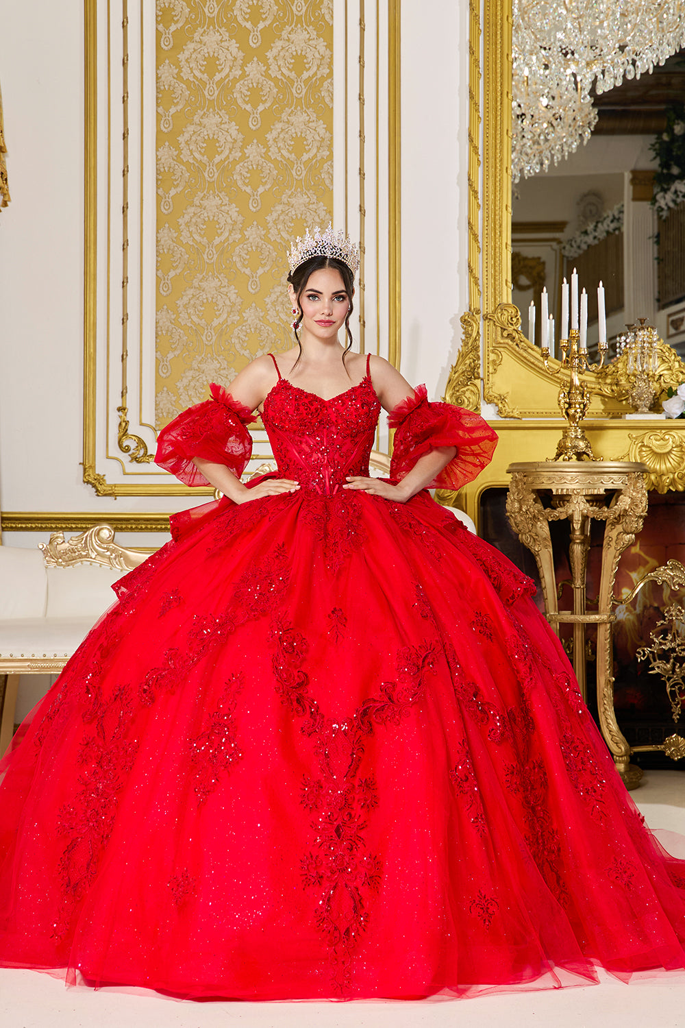 Sweetheart Corset Ball Gown with Detachable Puff Sleeves and Layered Glitter Tulle Skirt (5153)
