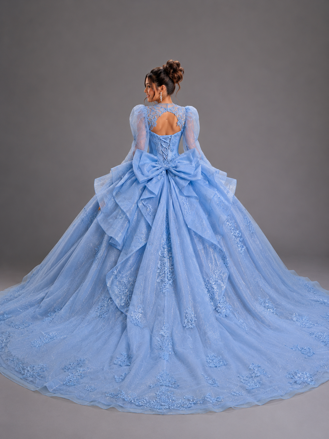 Regal Glitter Tulle Quinceañera Ball Gown with Puff Sleeves and Statement Bow (5167)
