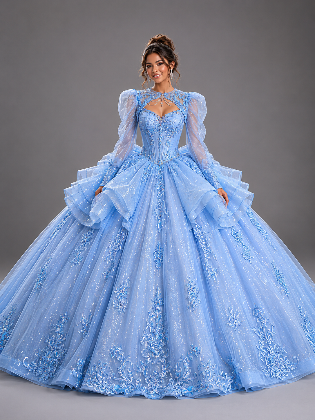 Regal Glitter Tulle Quinceañera Ball Gown with Puff Sleeves and Statement Bow (5167)