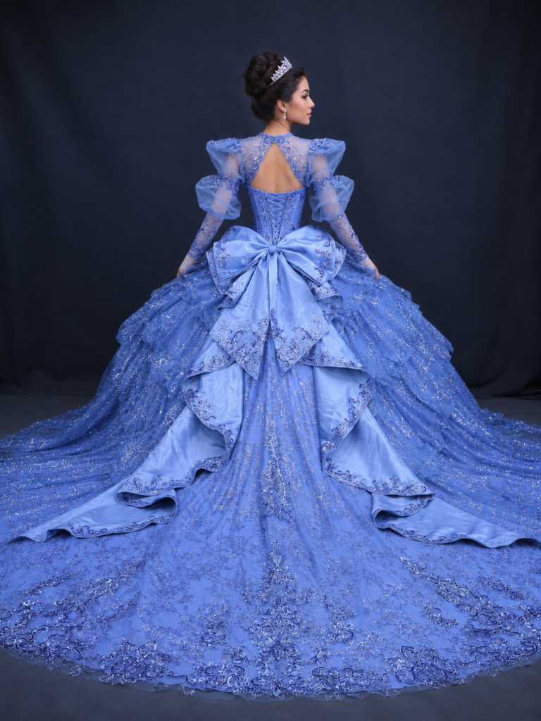 Royal High-Neck Quinceañera Ball Gown with Puff Sleeves and Oversized Bow (5180)