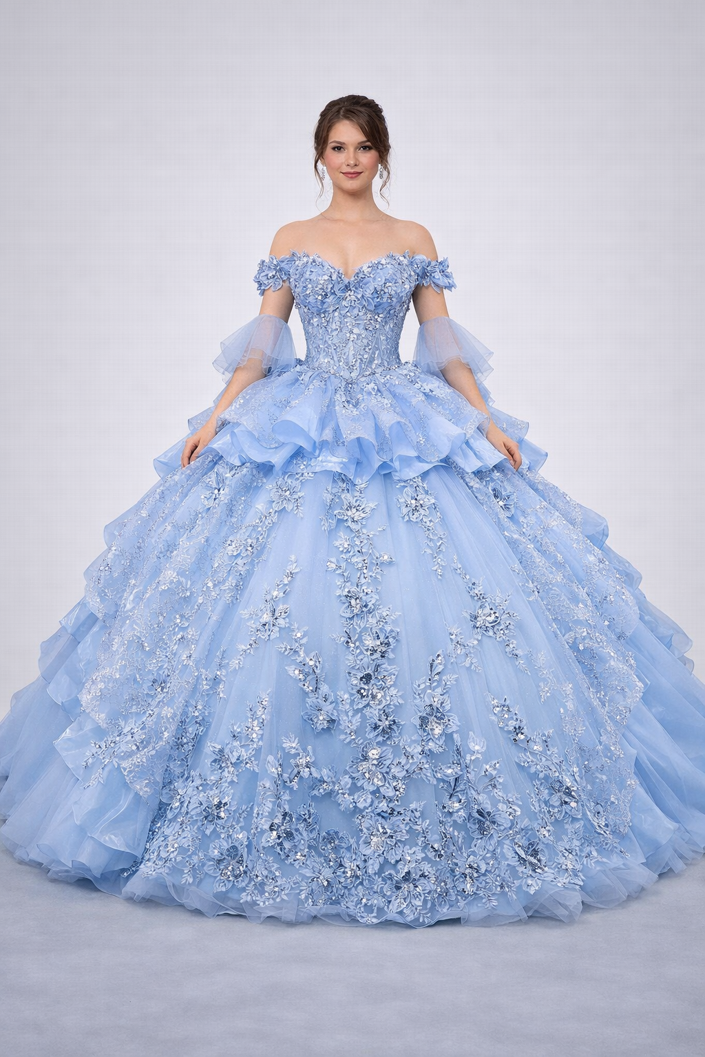 Beaded Corset Ball Gown with Layered Tulle and Detachable Puff Sleeves (5181)