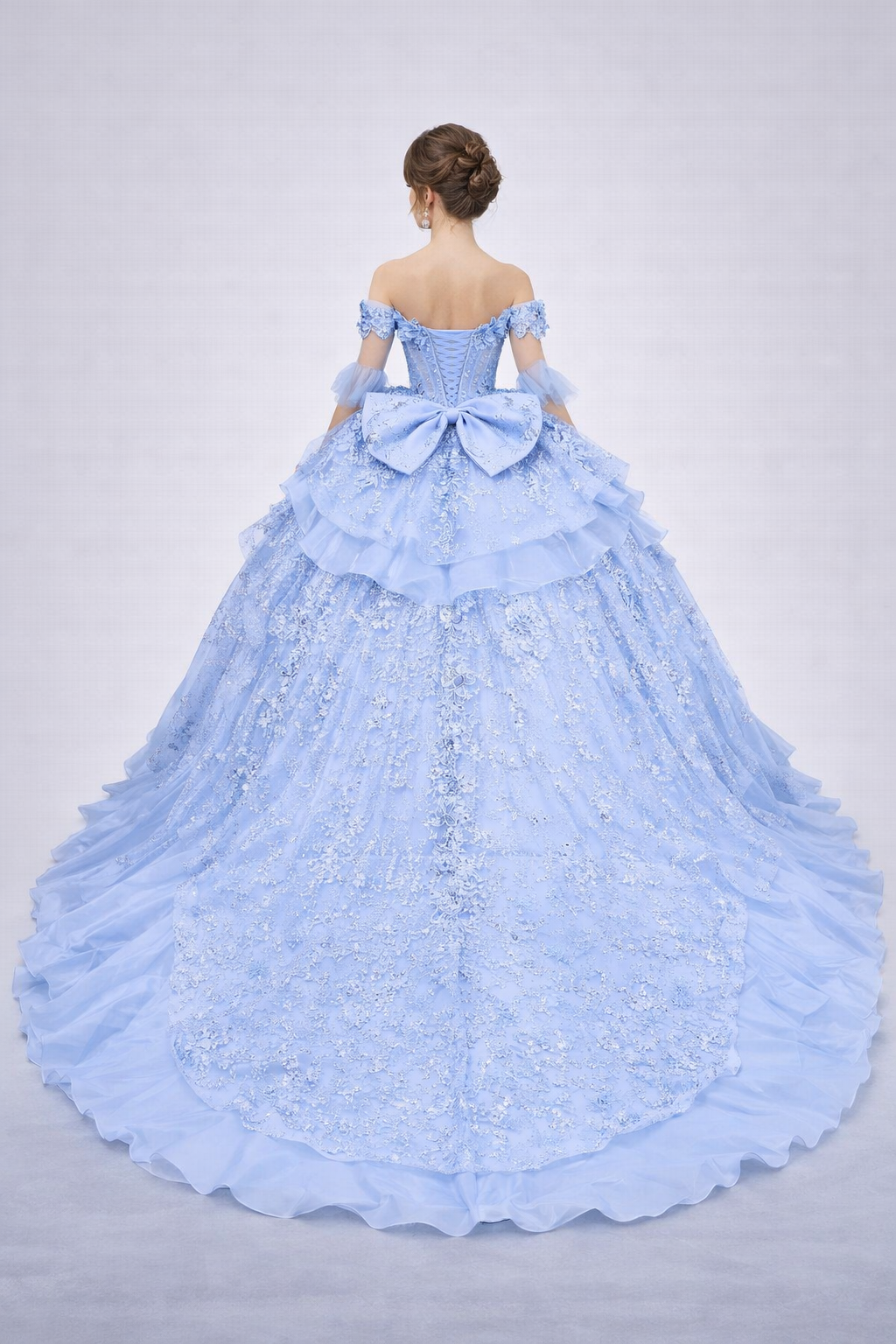 Beaded Corset Ball Gown with Layered Tulle and Detachable Puff Sleeves (5181)