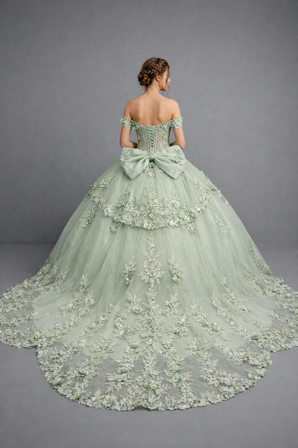 Off Shoulder 3D Floral Corset Ball Gown with Layered Tulle Skirt and Ruffle Sleeves (5184)