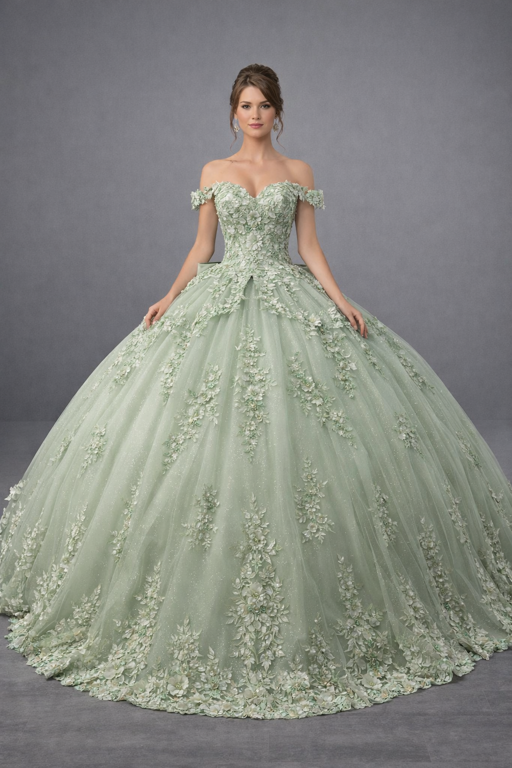 Off Shoulder 3D Floral Corset Ball Gown with Layered Tulle Skirt and Ruffle Sleeves (5184)