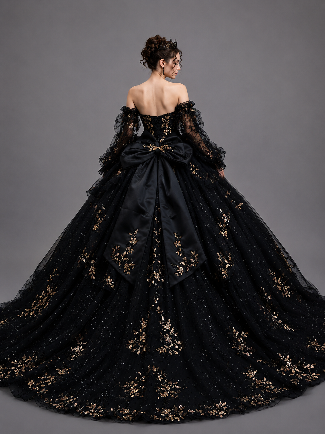 Regal Off-Shoulder Quinceañera Ball Gown with Glitter Tulle and Statement Bow (5190)