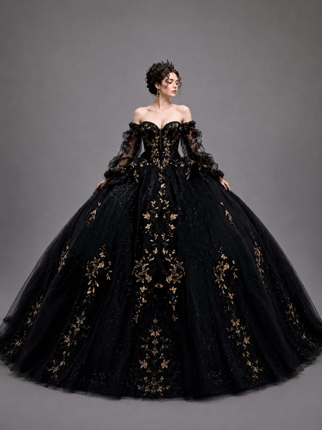 Regal Off-Shoulder Quinceañera Ball Gown with Glitter Tulle and Statement Bow (5190)